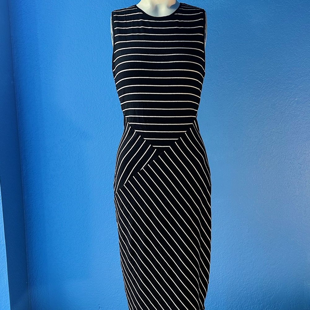 Fitted but comfy black with white striped shirt dress, size small